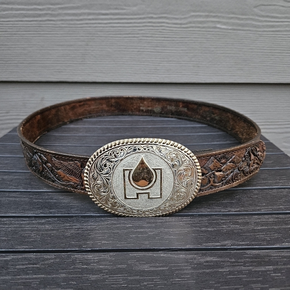 Chambers Top Grain Leather Hand Tooled Belt Eagle Mountains Brass Buckle USA 38